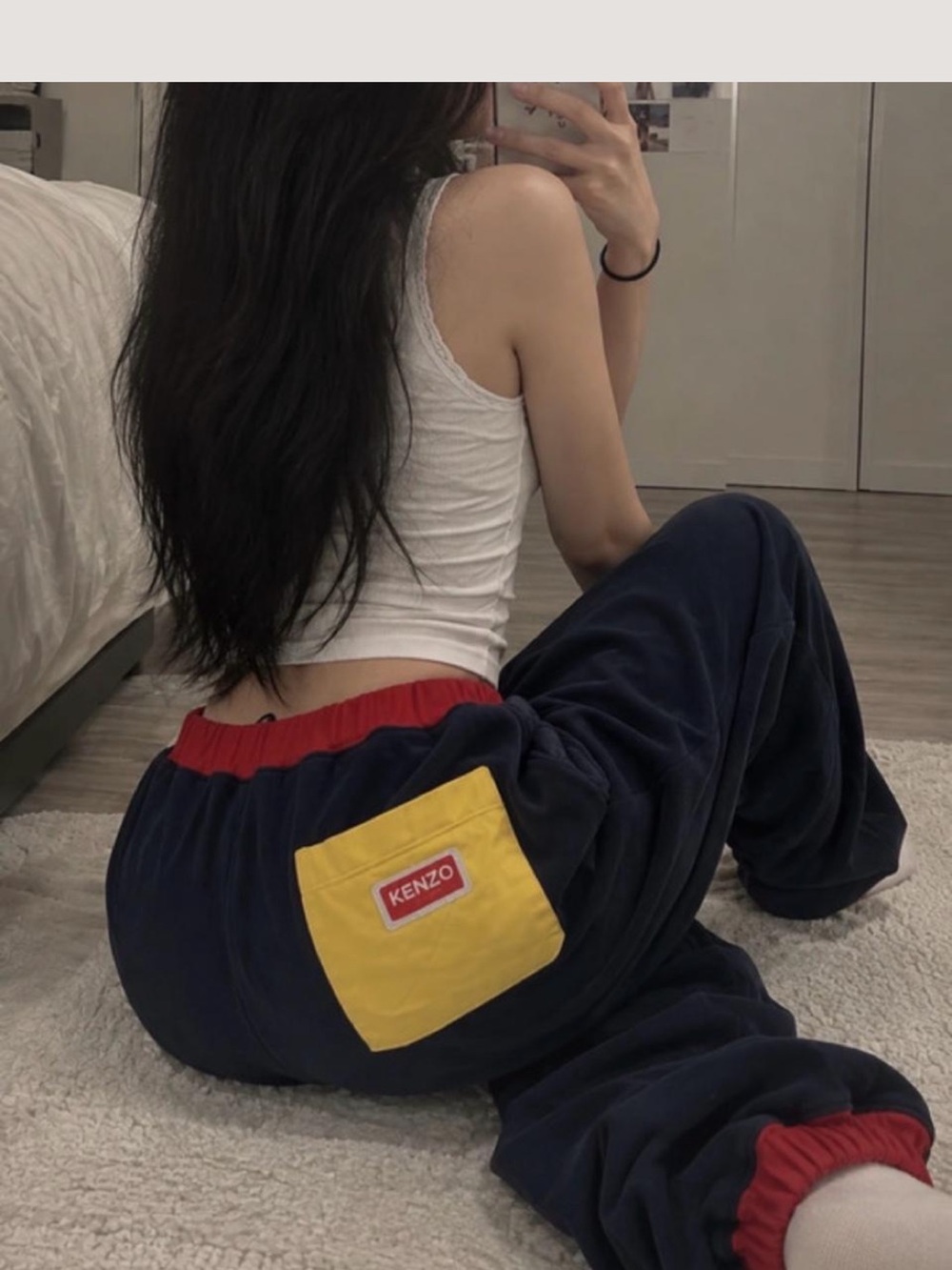 KENZO Navy Track Joggers with Yellow Pocket and Red Trim